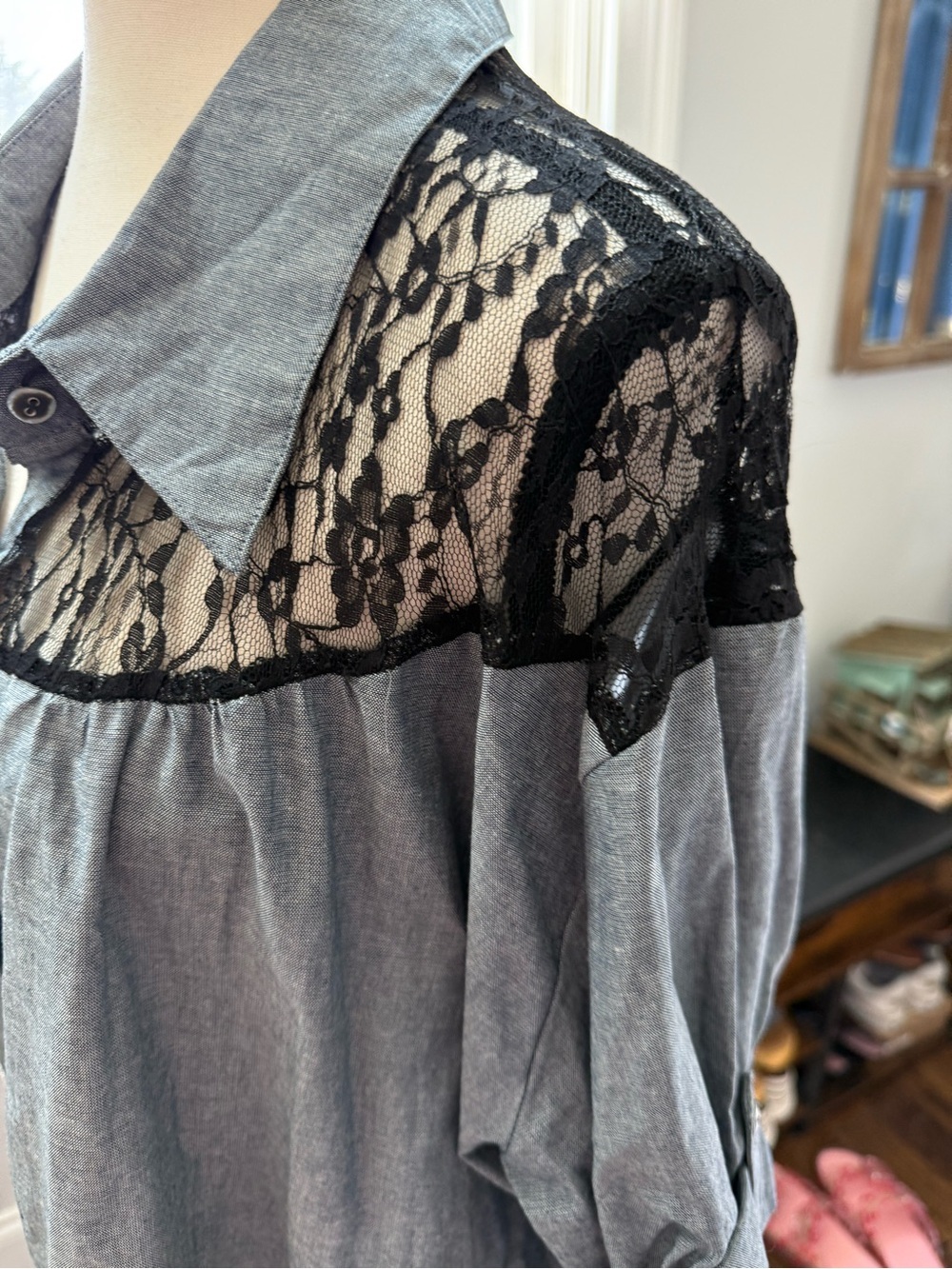 Beverly Drive Blue Denim Looking Shirt with Black Lace Yoke Size 16/18